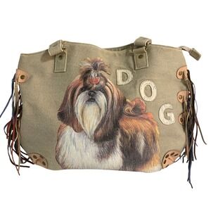 Vintage Far Nine Purse Women Brown Canvas Dog Shih Tzu Zip Top Casual Rare